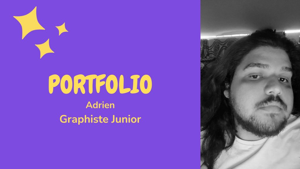 Image de couverture de mon portfolio où il est écrit "Portfolio Adrien Graphiste Junior" avec une photo de moi sur la droite